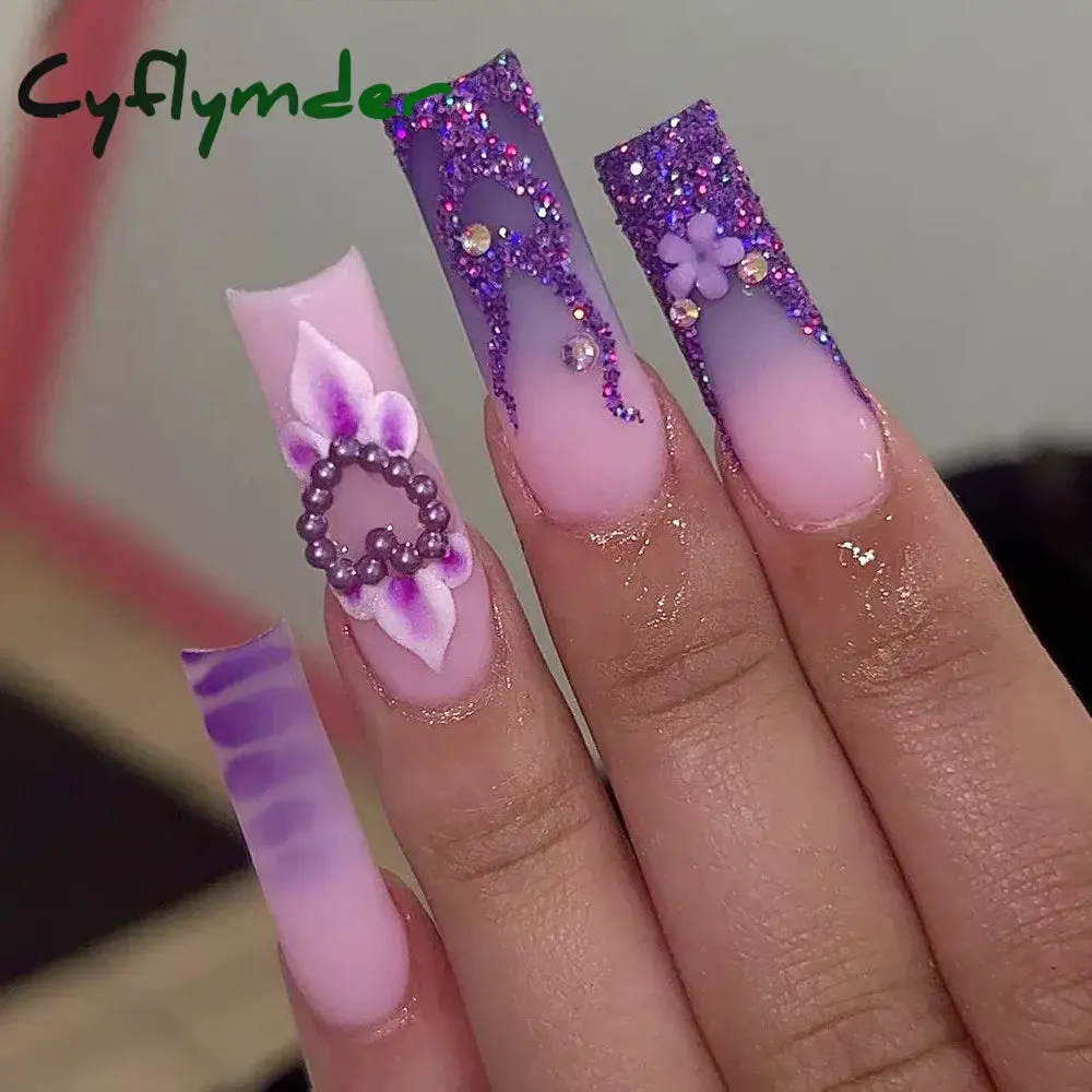 Cyflymder 24Pcs Full Cover False Nails Pink Full Rhinestone Bow Long French Coffin Nail Tips Detachable Fake Nail Press on Nails Manicure