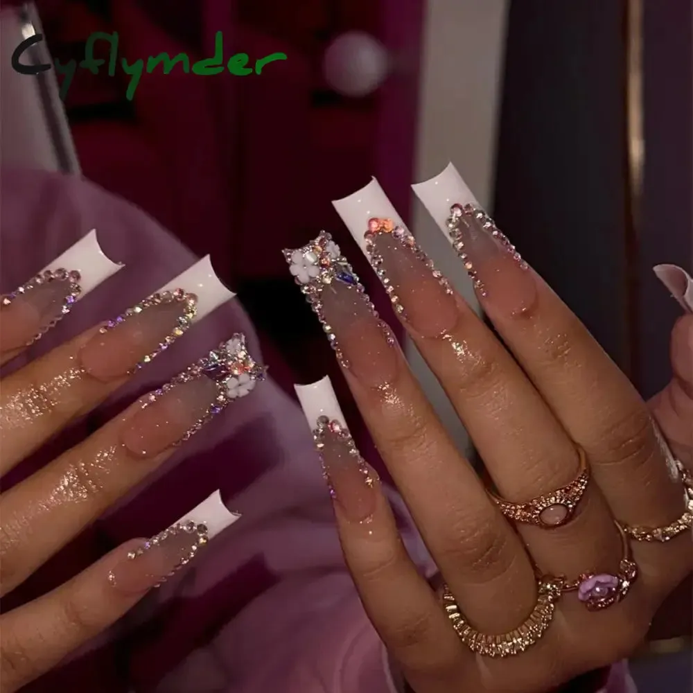 Cyflymder 24Pcs Full Cover False Nails Pink Full Rhinestone Bow Long French Coffin Nail Tips Detachable Fake Nail Press on Nails Manicure