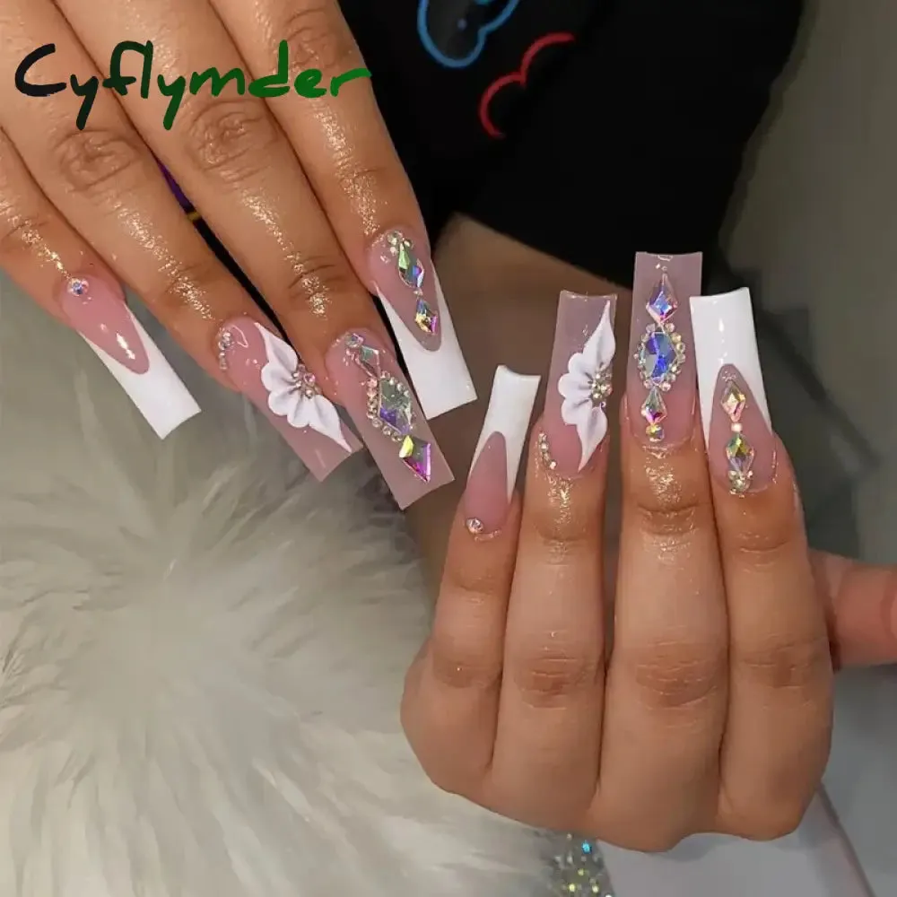 Cyflymder 24Pcs Full Cover False Nails Pink Full Rhinestone Bow Long French Coffin Nail Tips Detachable Fake Nail Press on Nails Manicure