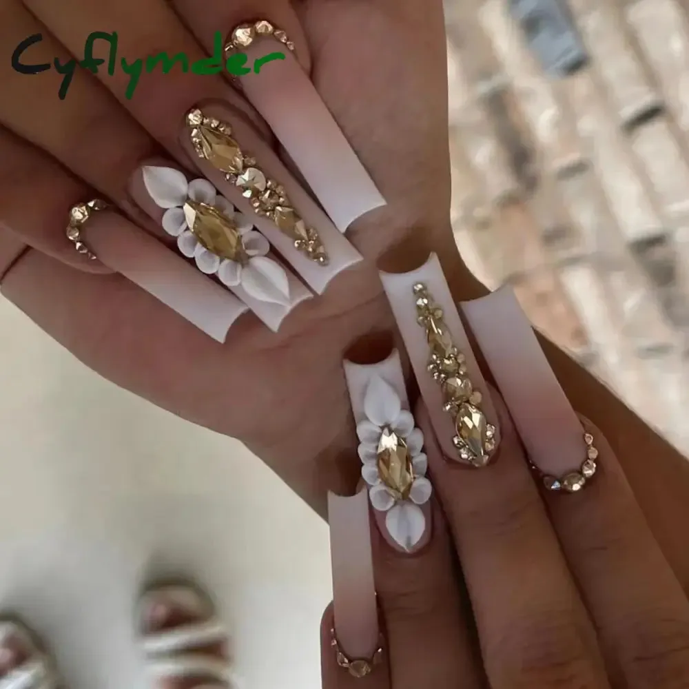 Cyflymder 24Pcs Full Cover False Nails Pink Full Rhinestone Bow Long French Coffin Nail Tips Detachable Fake Nail Press on Nails Manicure