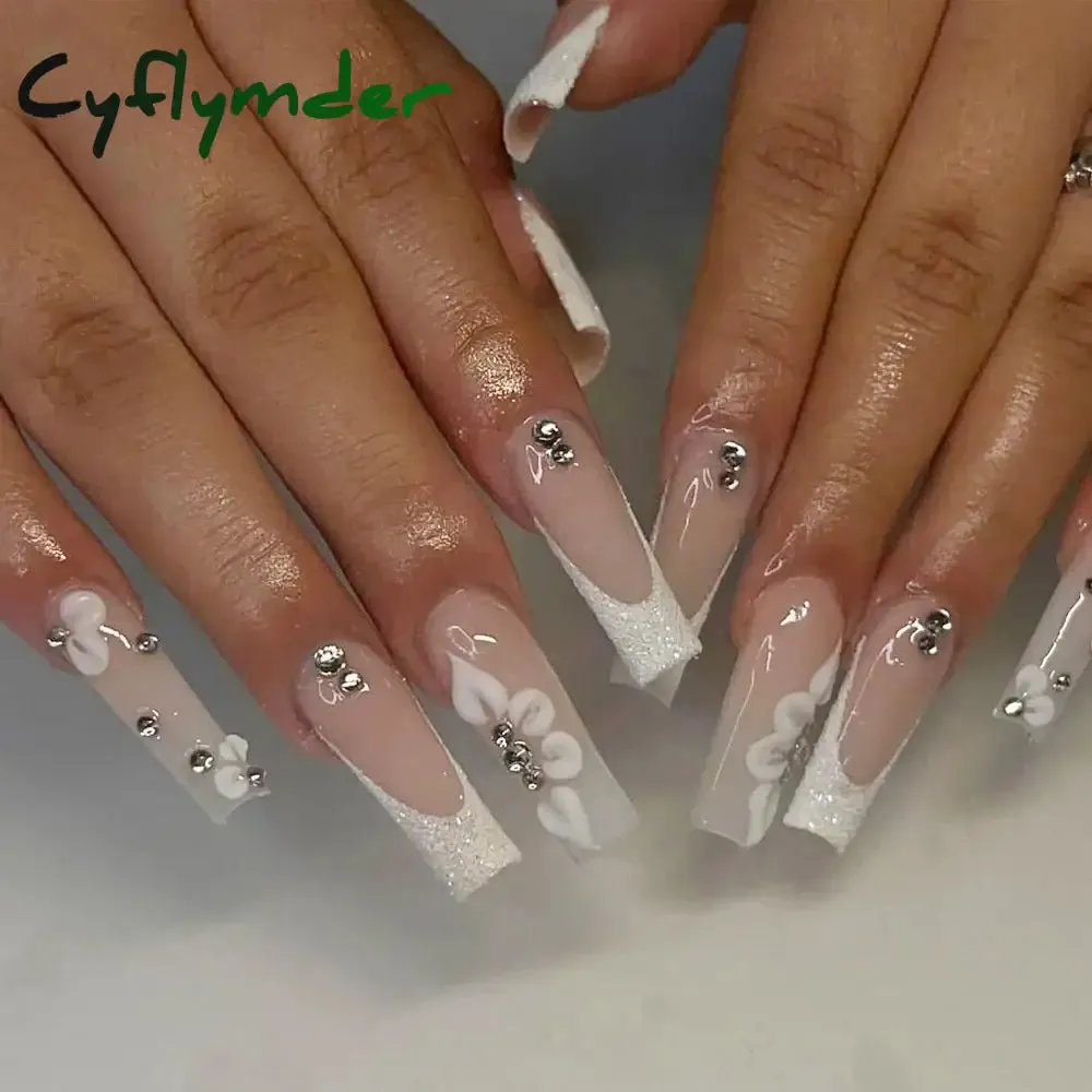 Cyflymder 24Pcs Full Cover False Nails Pink Full Rhinestone Bow Long French Coffin Nail Tips Detachable Fake Nail Press on Nails Manicure