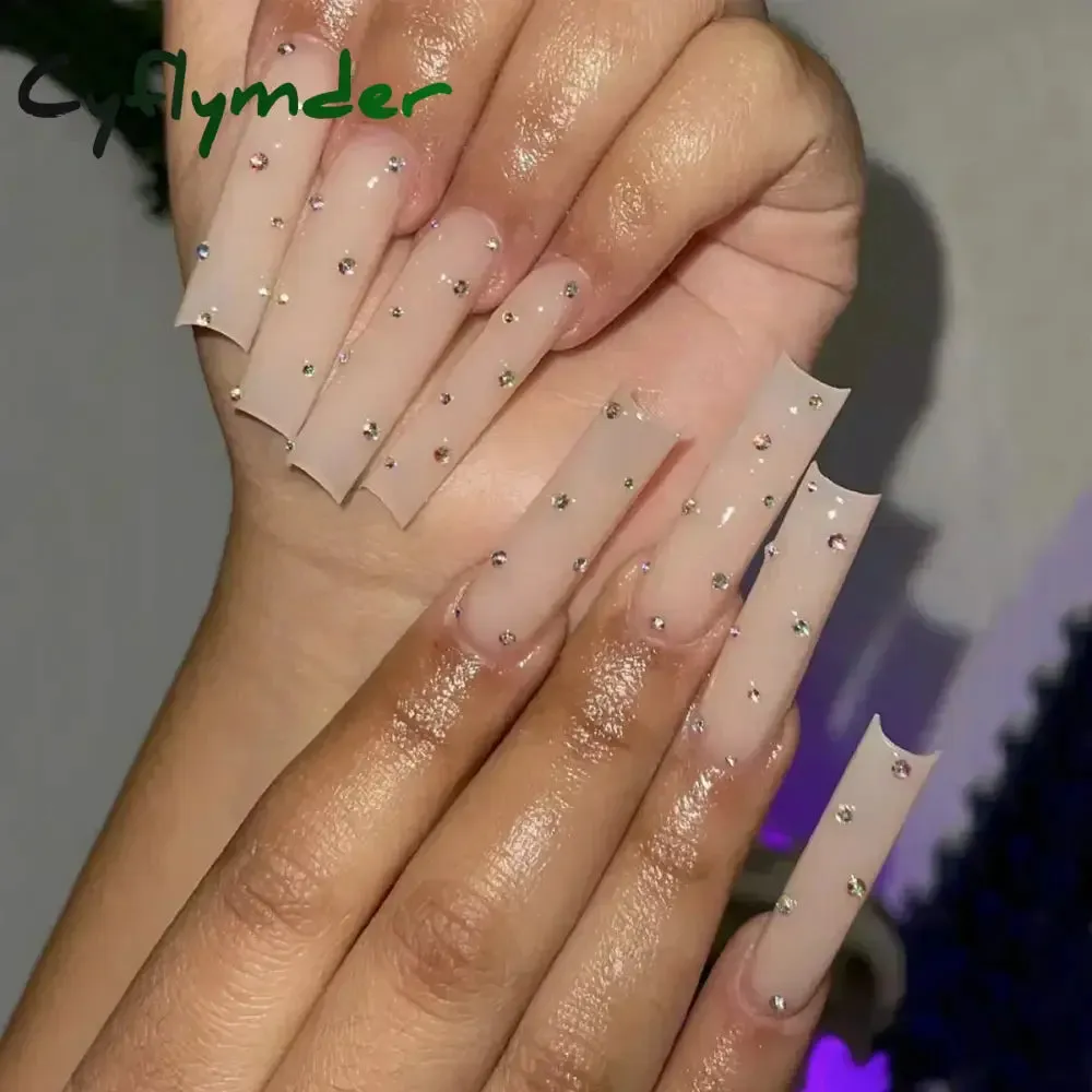 Cyflymder 24Pcs Full Cover False Nails Pink Full Rhinestone Bow Long French Coffin Nail Tips Detachable Fake Nail Press on Nails Manicure