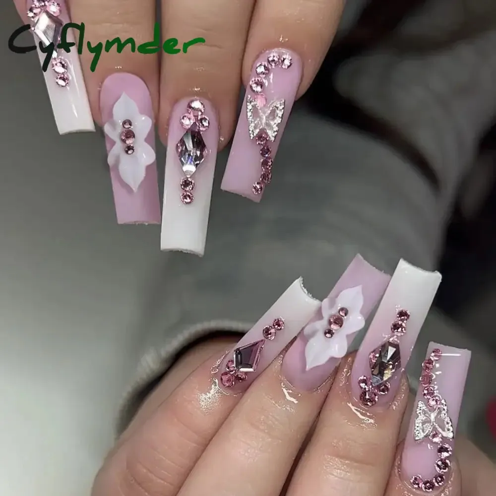 Cyflymder 24Pcs Full Cover False Nails Pink Full Rhinestone Bow Long French Coffin Nail Tips Detachable Fake Nail Press on Nails Manicure
