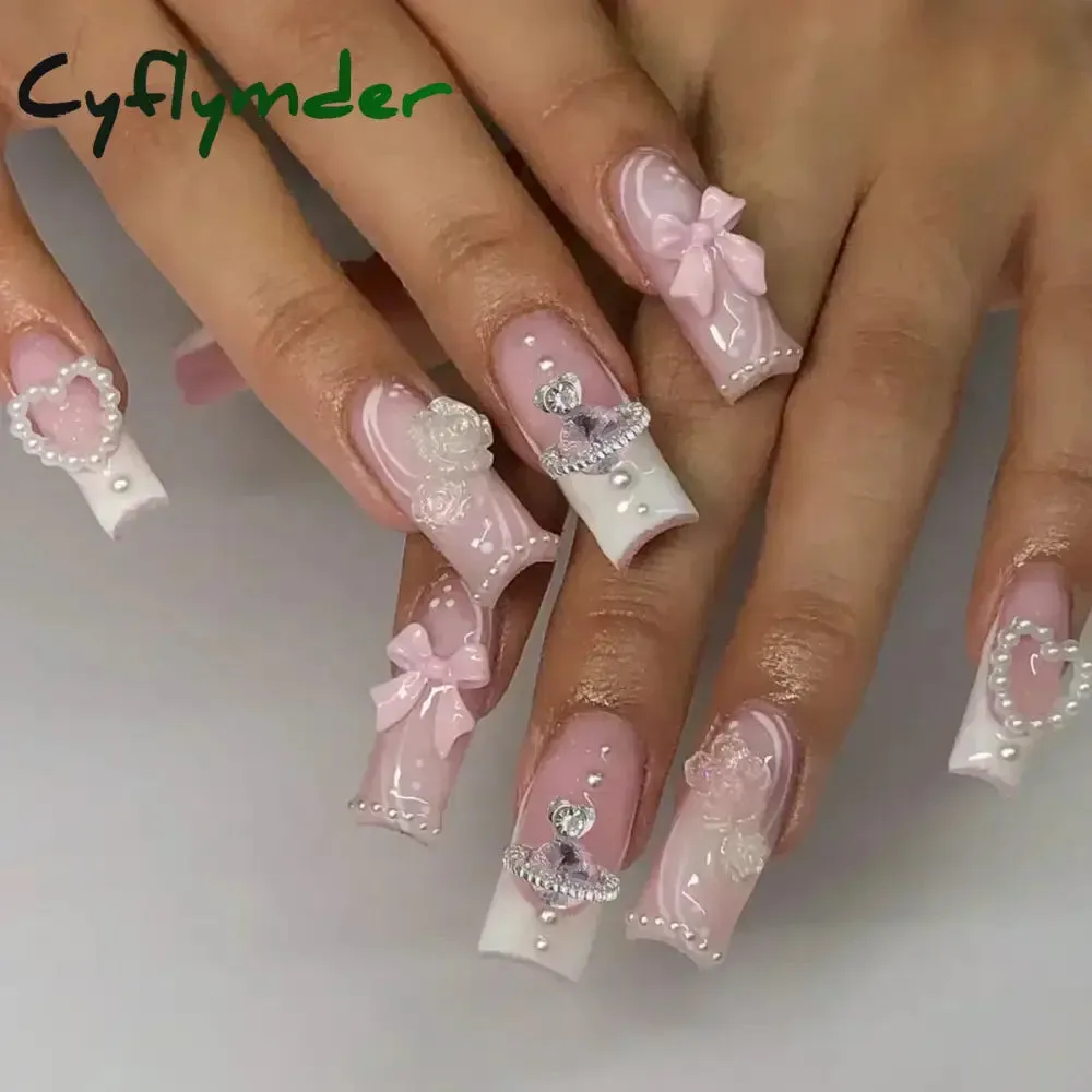 Cyflymder 24Pcs Full Cover False Nails Pink Full Rhinestone Bow Long French Coffin Nail Tips Detachable Fake Nail Press on Nails Manicure