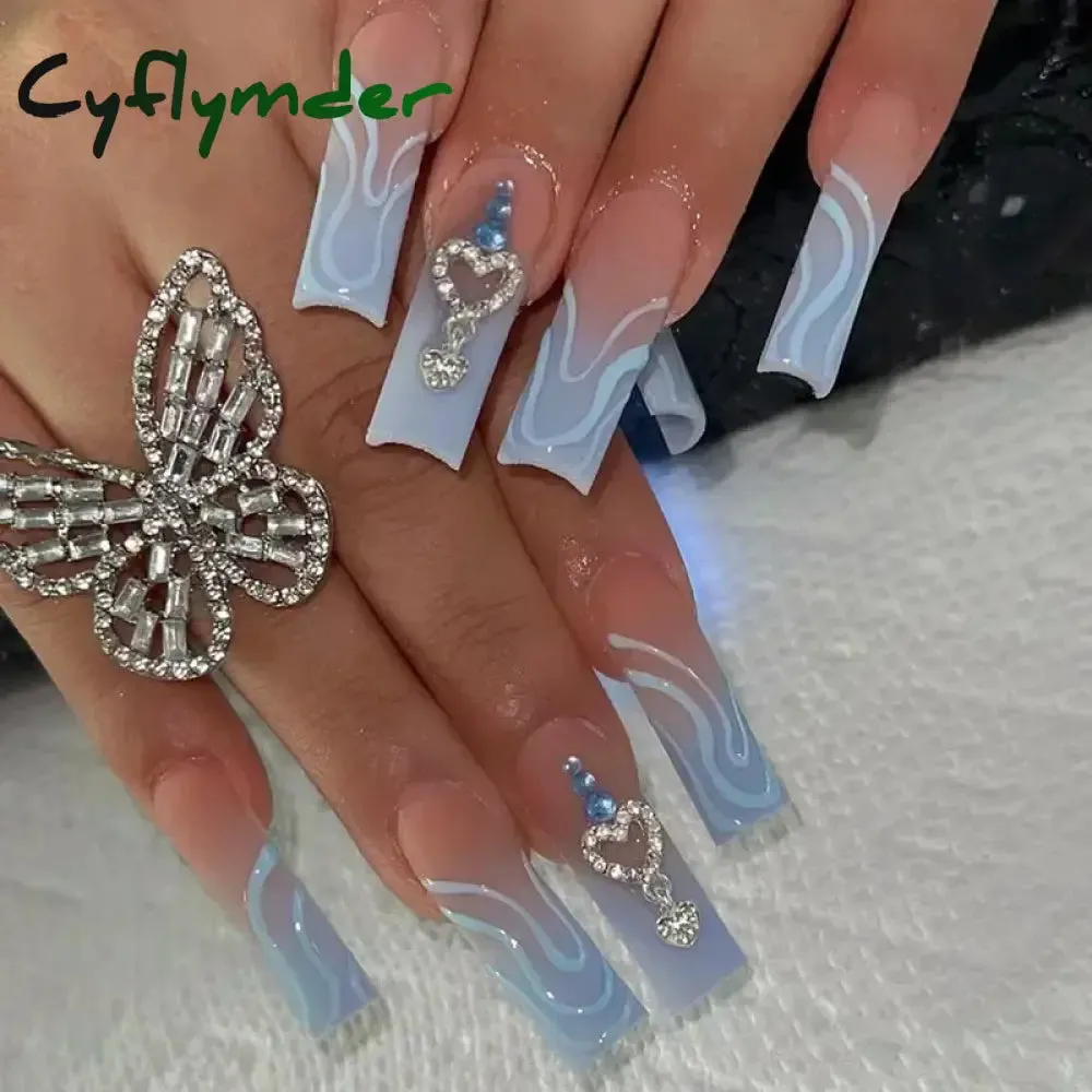 Cyflymder 24Pcs Full Cover False Nails Pink Full Rhinestone Bow Long French Coffin Nail Tips Detachable Fake Nail Press on Nails Manicure