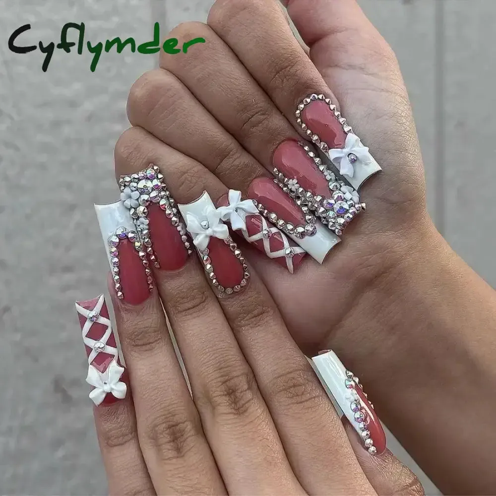 Cyflymder 24Pcs Full Cover False Nails Pink Full Rhinestone Bow Long French Coffin Nail Tips Detachable Fake Nail Press on Nails Manicure