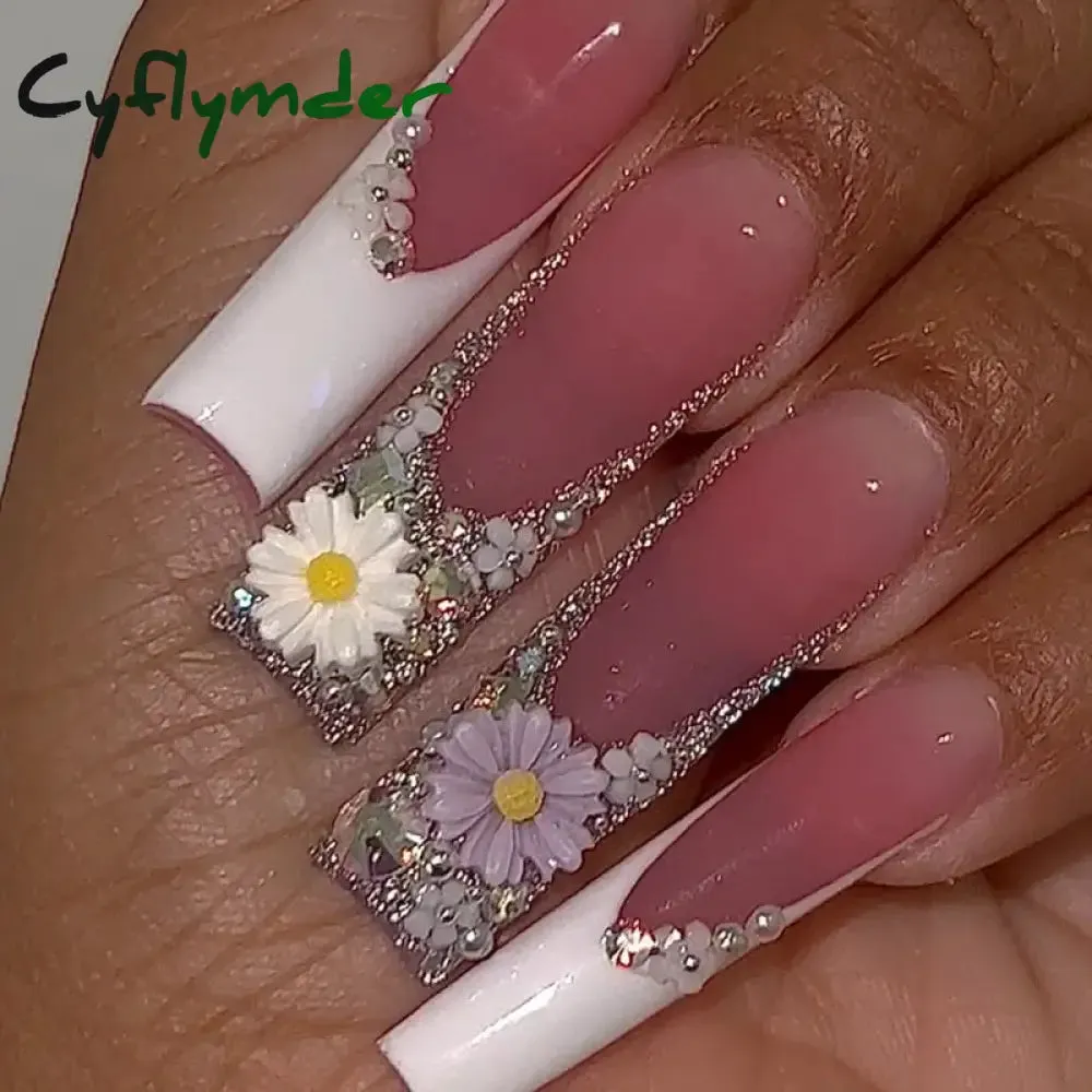 Cyflymder 24Pcs Full Cover False Nails Pink Full Rhinestone Bow Long French Coffin Nail Tips Detachable Fake Nail Press on Nails Manicure