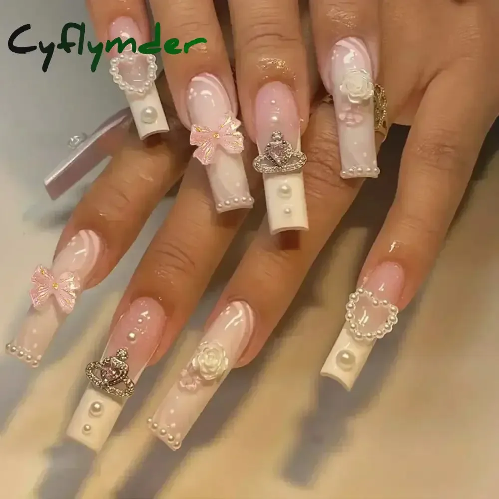 Cyflymder 24Pcs Full Cover False Nails Pink Full Rhinestone Bow Long French Coffin Nail Tips Detachable Fake Nail Press on Nails Manicure