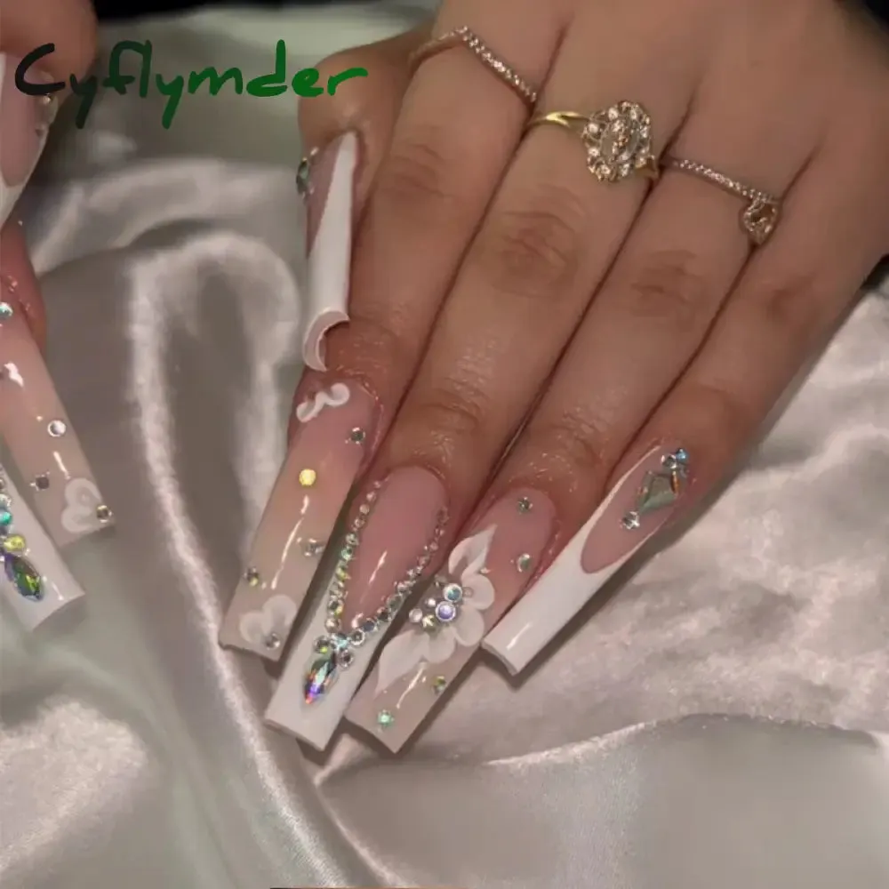 Cyflymder 24Pcs Full Cover False Nails Pink Full Rhinestone Bow Long French Coffin Nail Tips Detachable Fake Nail Press on Nails Manicure