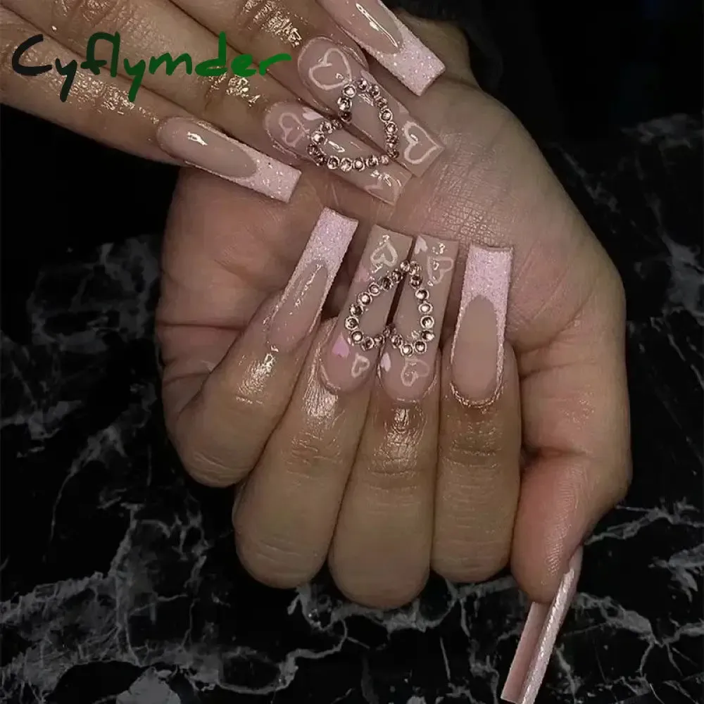 Cyflymder 24Pcs Full Cover False Nails Pink Full Rhinestone Bow Long French Coffin Nail Tips Detachable Fake Nail Press on Nails Manicure