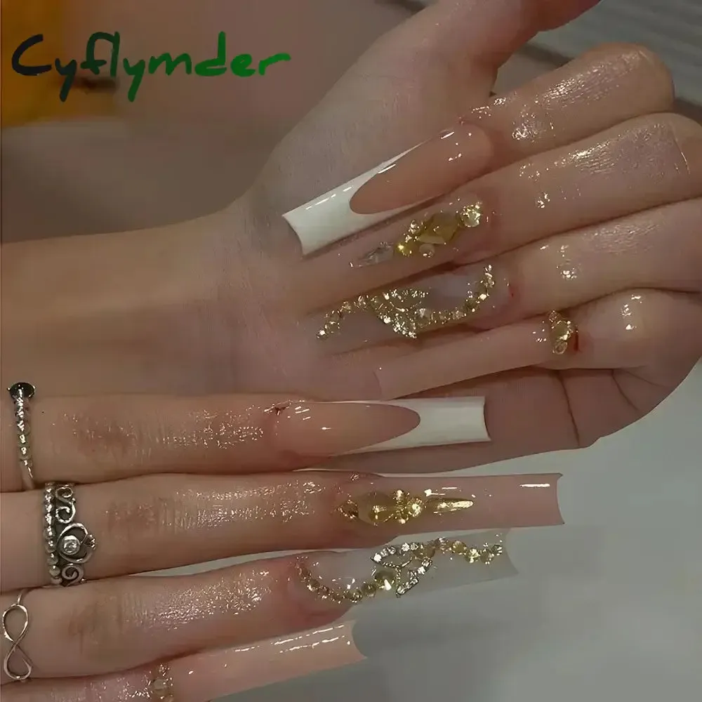 Cyflymder 24Pcs Full Cover False Nails Pink Full Rhinestone Bow Long French Coffin Nail Tips Detachable Fake Nail Press on Nails Manicure