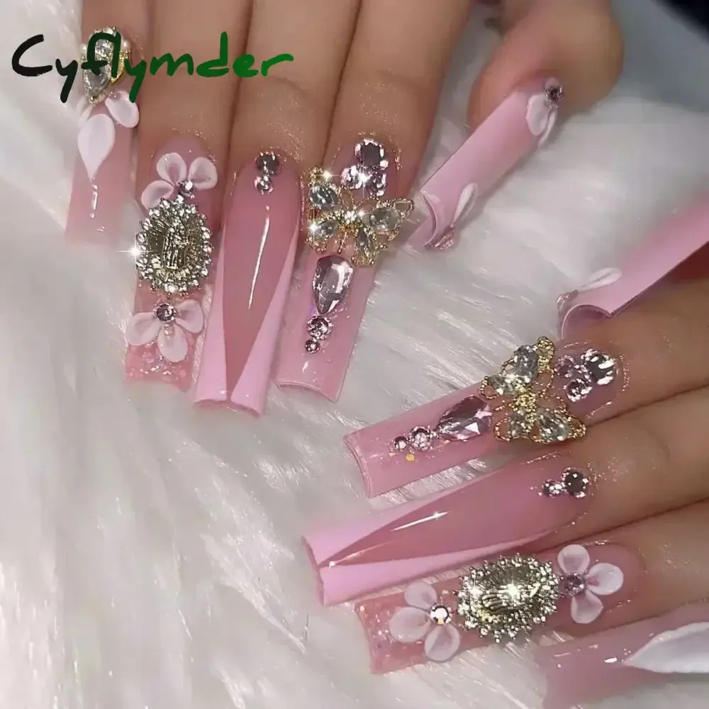 Cyflymder 24Pcs Full Cover False Nails Pink Full Rhinestone Bow Long French Coffin Nail Tips Detachable Fake Nail Press on Nails Manicure