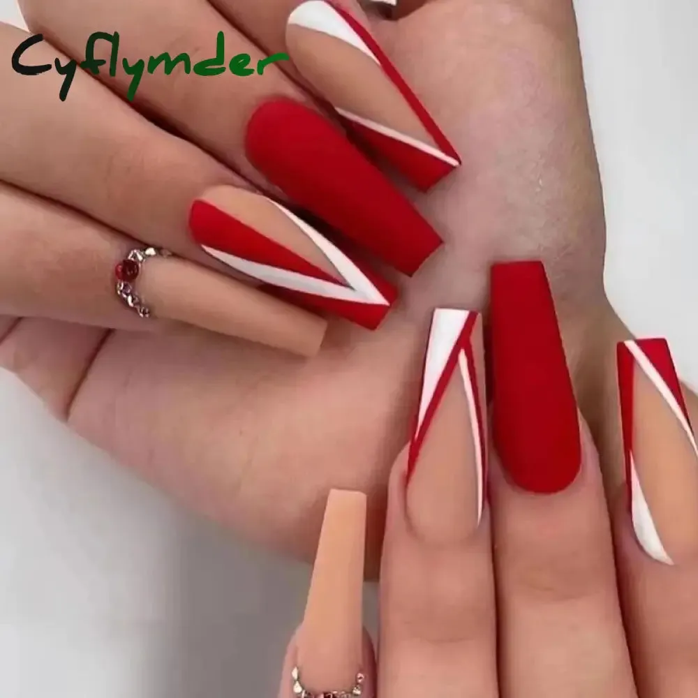 Cyflymder 24Pcs Long Ballet False Nails Full Cover Fake Nails with Rhinestone Brown Wood Grain Design Nail Tips Coffin Press on Nails
