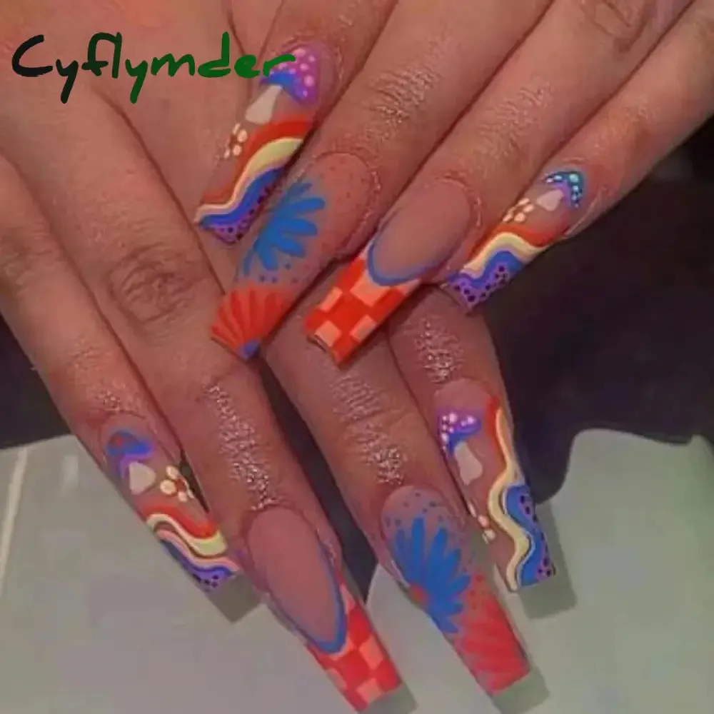 Cyflymder 24Pcs Long Ballet False Nails Full Cover Fake Nails with Rhinestone Brown Wood Grain Design Nail Tips Coffin Press on Nails