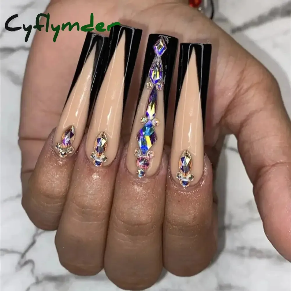Cyflymder 24Pcs Long Ballet False Nails Full Cover Fake Nails with Rhinestone Brown Wood Grain Design Nail Tips Coffin Press on Nails