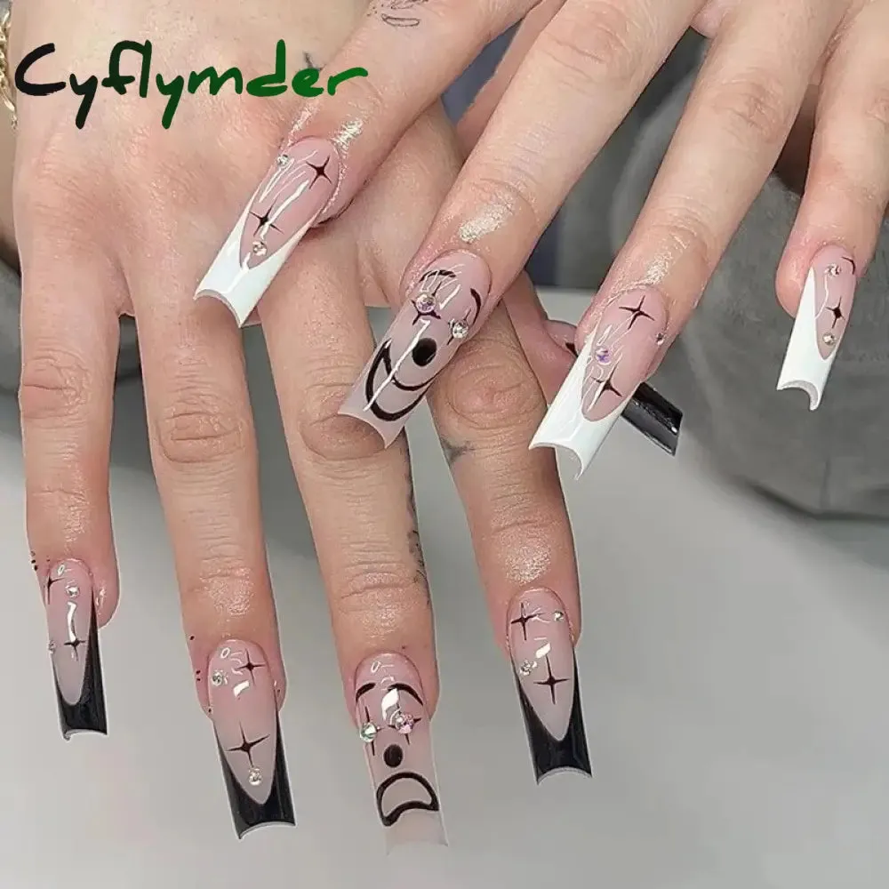 Cyflymder 24Pcs Long Ballet False Nails Full Cover Fake Nails with Rhinestone Brown Wood Grain Design Nail Tips Coffin Press on Nails