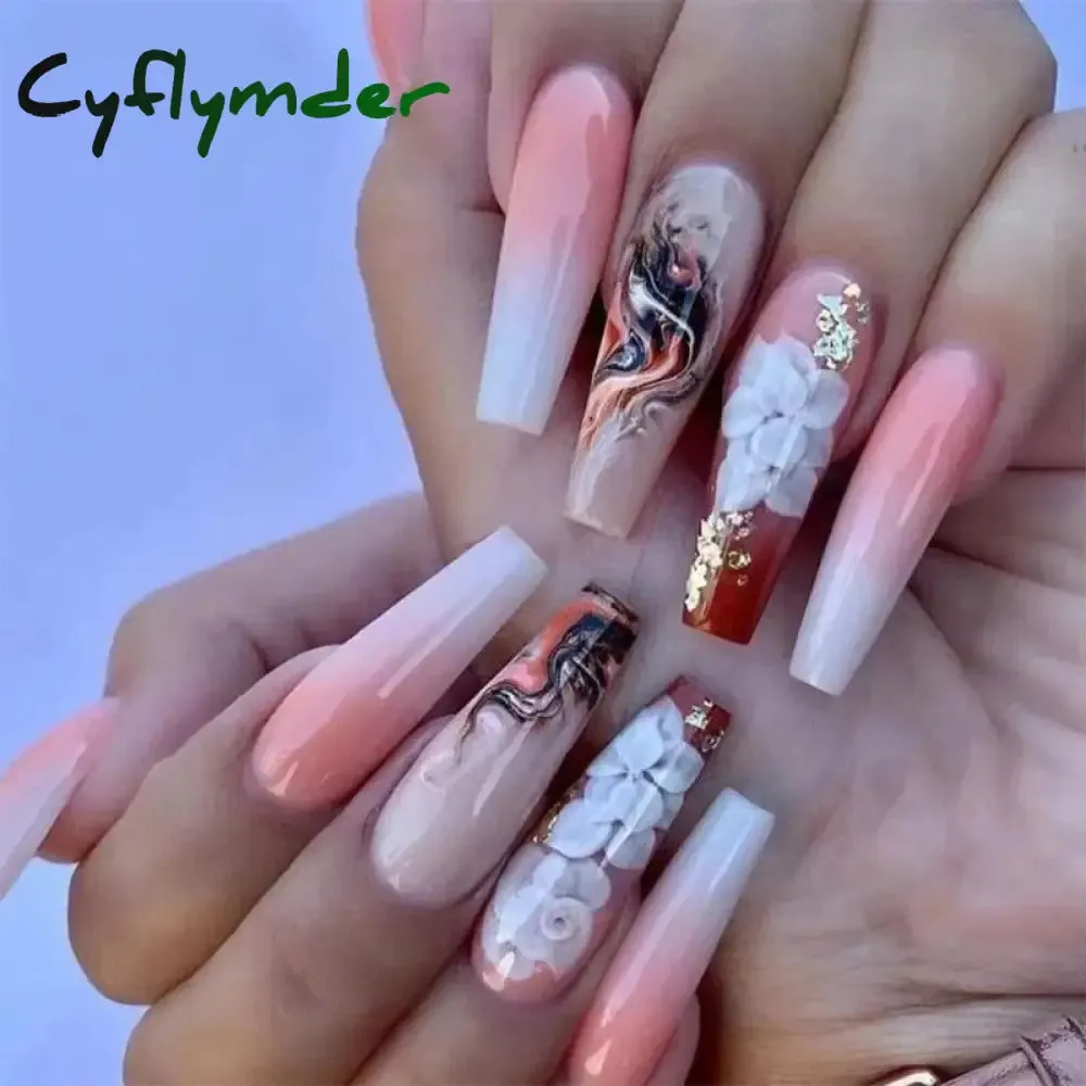Cyflymder 24Pcs Long Ballet False Nails Full Cover Fake Nails with Rhinestone Brown Wood Grain Design Nail Tips Coffin Press on Nails