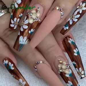 Cyflymder 24Pcs Long Ballet False Nails Full Cover Fake Nails with Rhinestone Brown Wood Grain Design Nail Tips Coffin Press on Nails