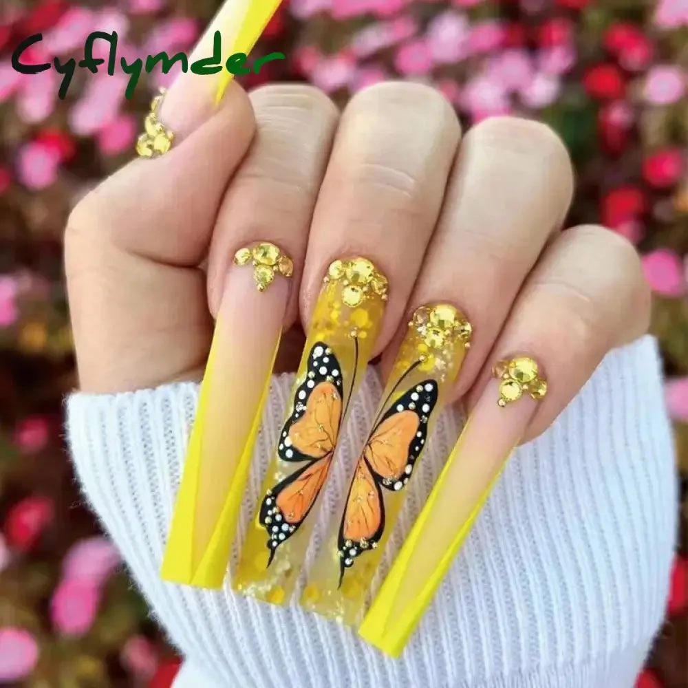 Cyflymder 24Pcs Long Ballet False Nails Full Cover Fake Nails with Rhinestone Brown Wood Grain Design Nail Tips Coffin Press on Nails