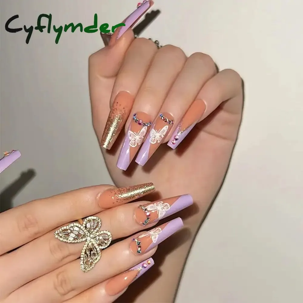 Cyflymder 24Pcs Long Ballet False Nails Full Cover Fake Nails with Rhinestone Brown Wood Grain Design Nail Tips Coffin Press on Nails