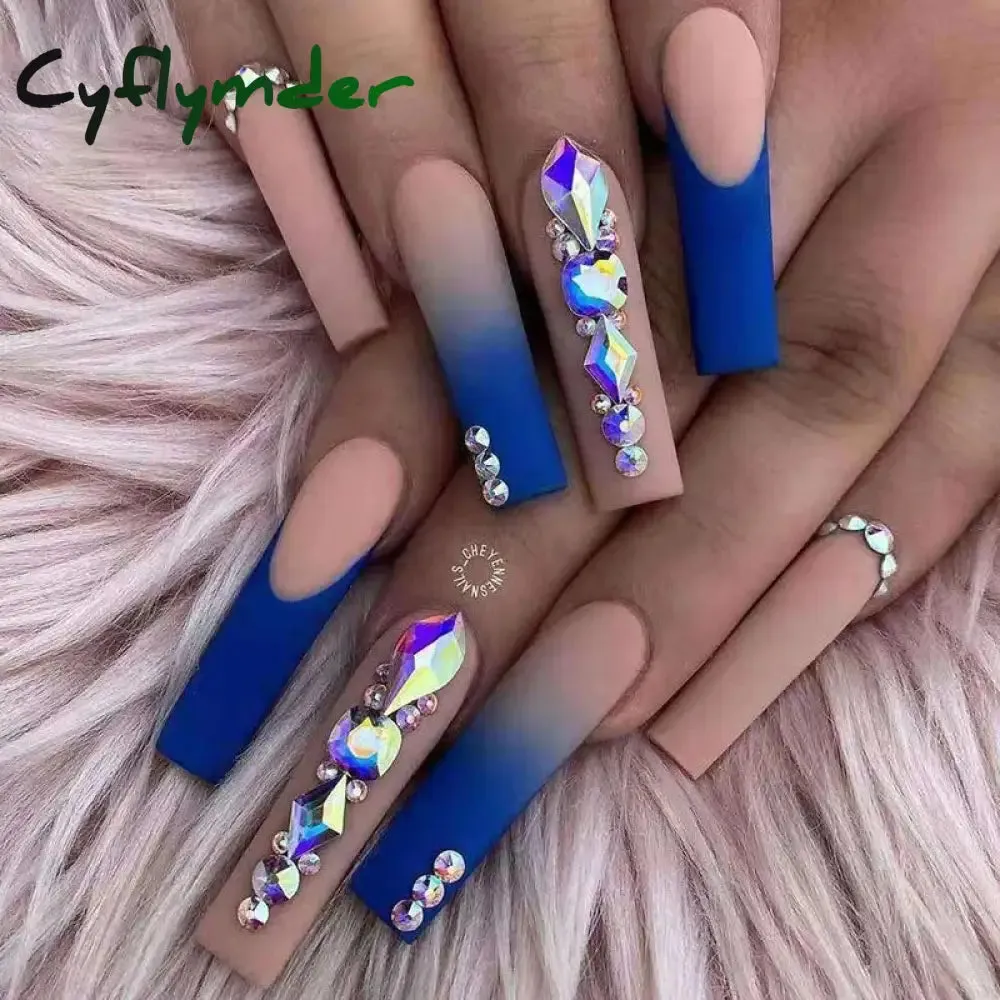 Cyflymder 24Pcs Long Ballet False Nails Full Cover Fake Nails with Rhinestone Brown Wood Grain Design Nail Tips Coffin Press on Nails