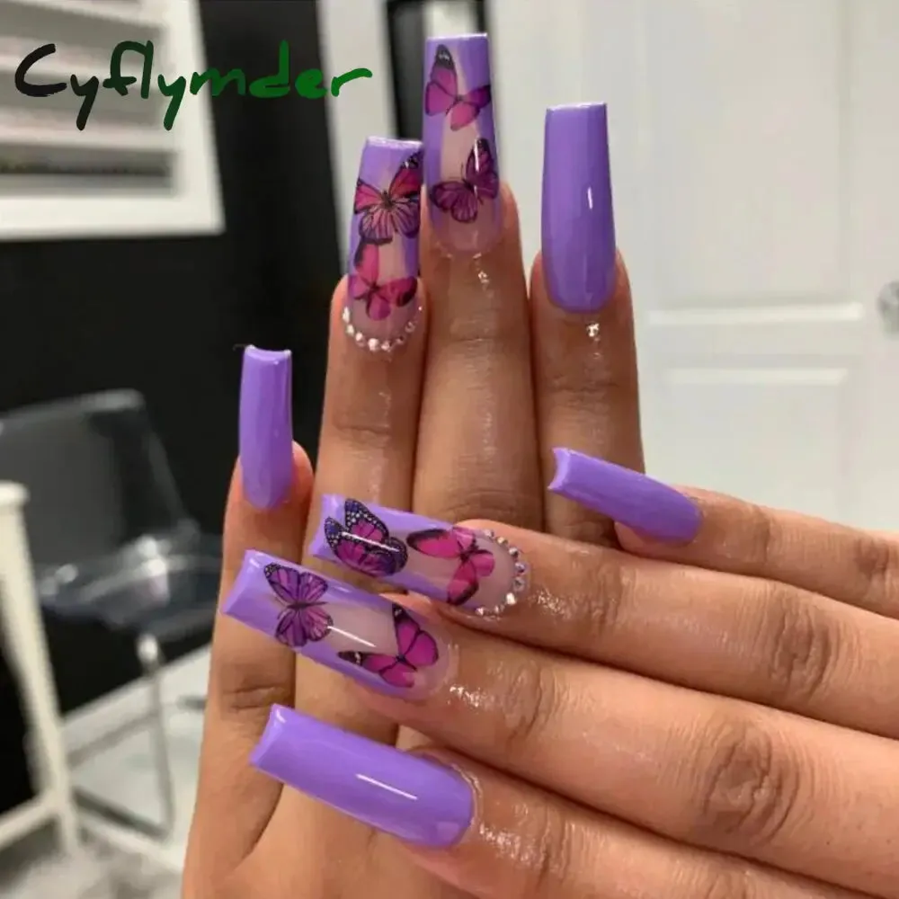 Cyflymder 24Pcs Long Ballet False Nails Full Cover Fake Nails with Rhinestone Brown Wood Grain Design Nail Tips Coffin Press on Nails