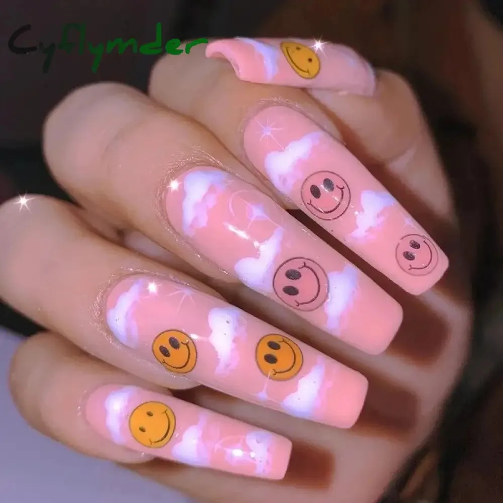 Cyflymder 24Pcs Long Ballet False Nails Full Cover Fake Nails with Rhinestone Brown Wood Grain Design Nail Tips Coffin Press on Nails