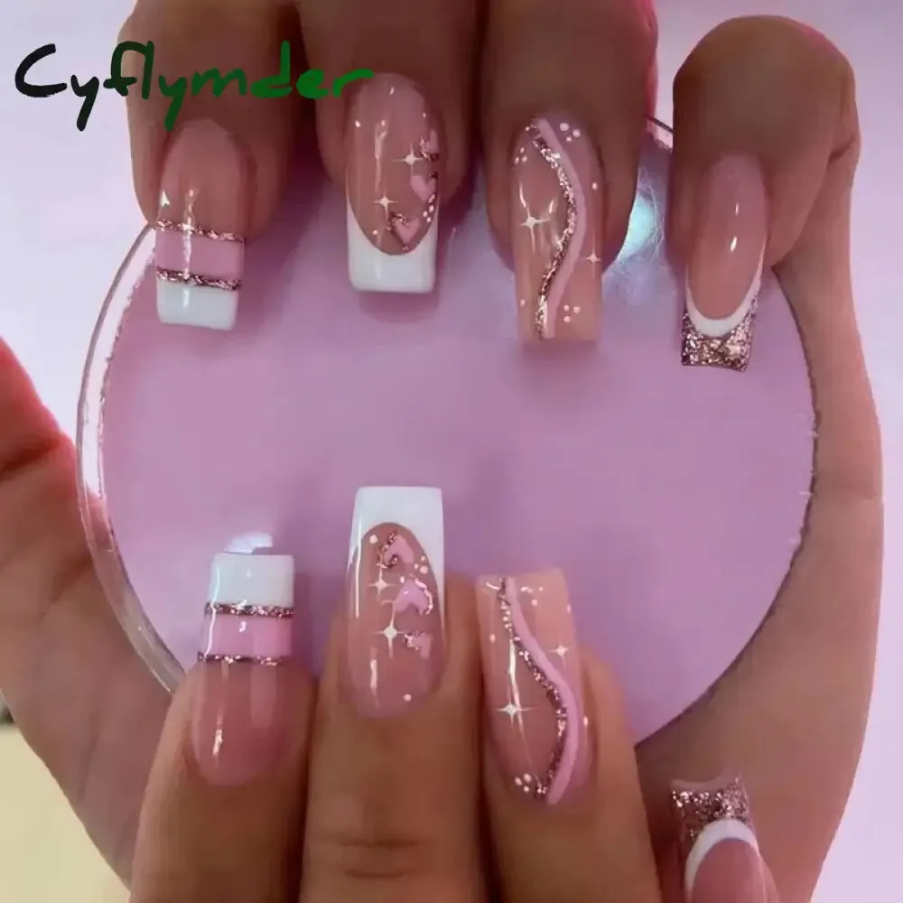 Cyflymder 24Pcs Long Ballet False Nails Full Cover Fake Nails with Rhinestone Brown Wood Grain Design Nail Tips Coffin Press on Nails