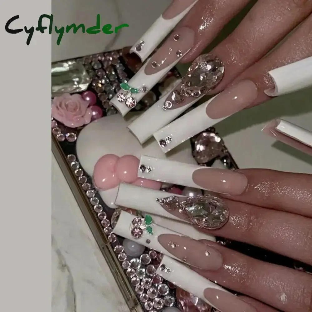 Cyflymder 24Pcs Long Ballet False Nails Full Cover Fake Nails with Rhinestone Brown Wood Grain Design Nail Tips Coffin Press on Nails