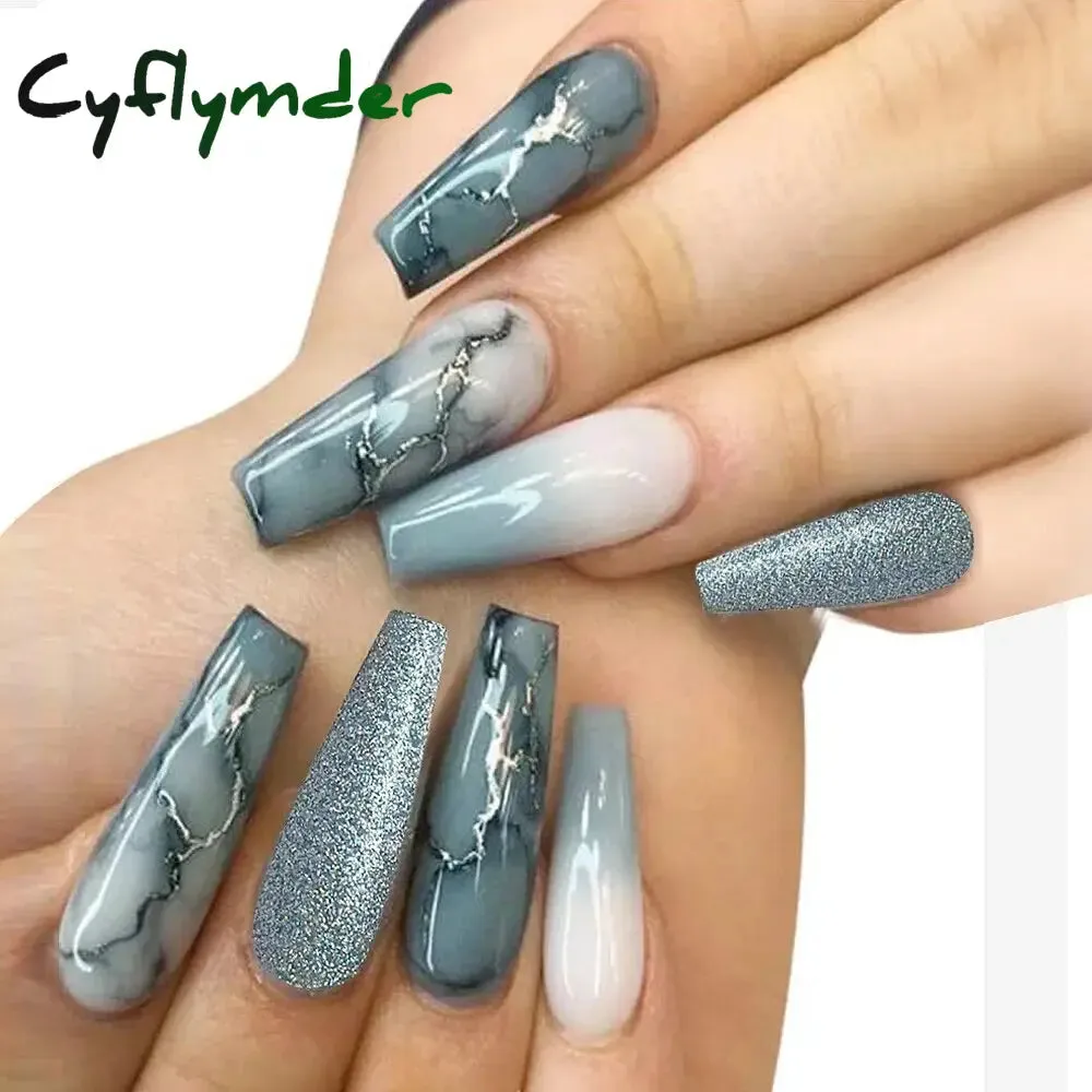Cyflymder 24Pcs Long Ballet False Nails Full Cover Fake Nails with Rhinestone Brown Wood Grain Design Nail Tips Coffin Press on Nails