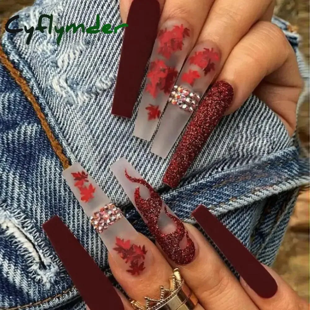 Cyflymder 24Pcs Long Ballet False Nails Full Cover Fake Nails with Rhinestone Brown Wood Grain Design Nail Tips Coffin Press on Nails