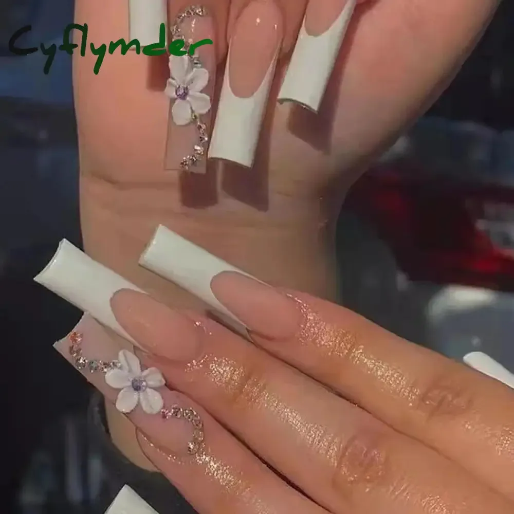 Cyflymder 24Pcs Long Ballet False Nails Full Cover Fake Nails with Rhinestone Brown Wood Grain Design Nail Tips Coffin Press on Nails