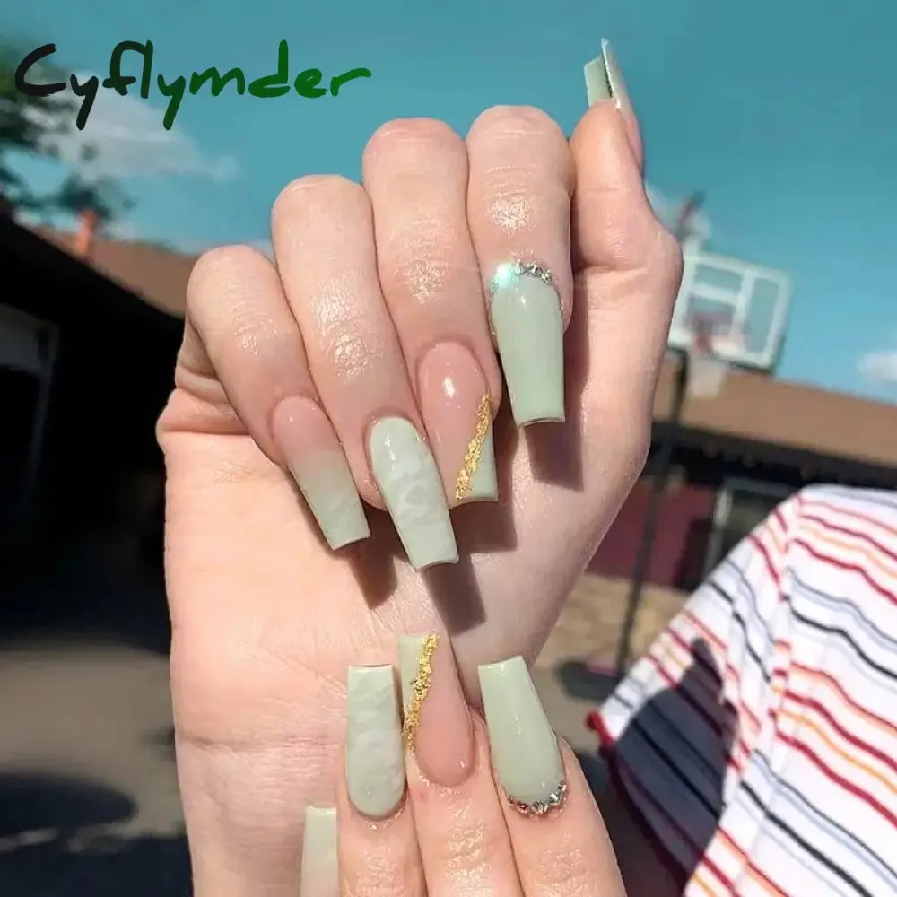 Cyflymder 24Pcs Long Ballet False Nails Full Cover Fake Nails with Rhinestone Brown Wood Grain Design Nail Tips Coffin Press on Nails