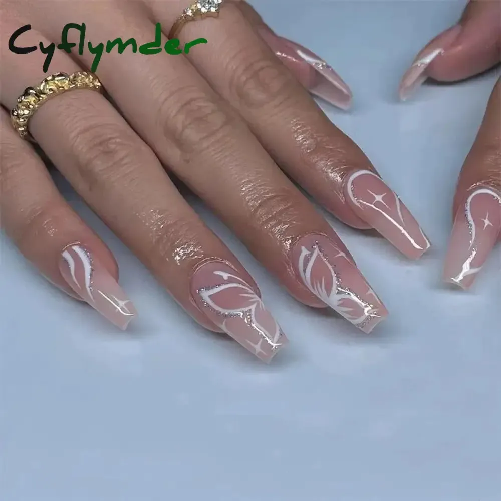 Cyflymder 24Pcs Long Ballet False Nails Full Cover Fake Nails with Rhinestone Brown Wood Grain Design Nail Tips Coffin Press on Nails