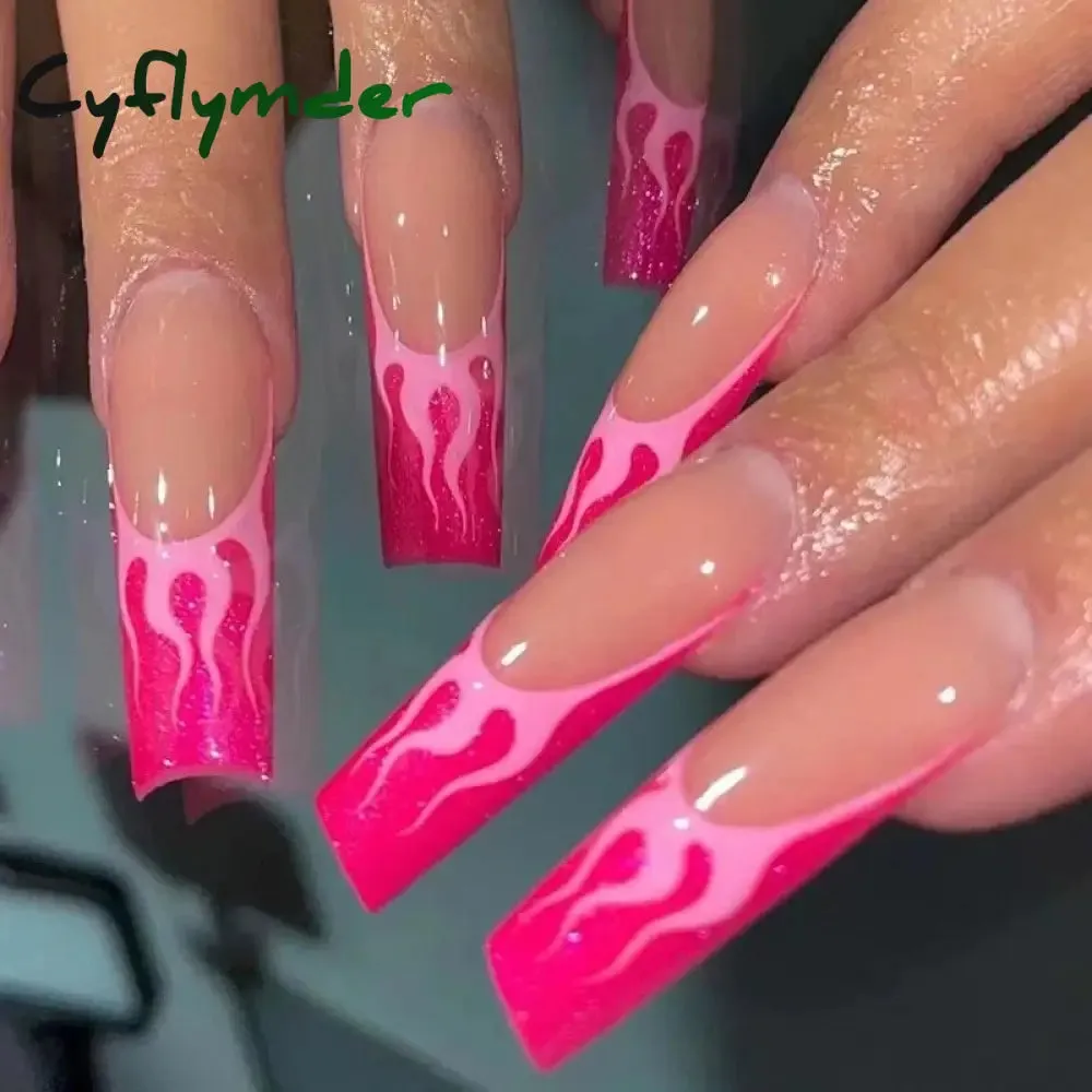 Cyflymder 24Pcs Long Ballet False Nails Full Cover Fake Nails with Rhinestone Brown Wood Grain Design Nail Tips Coffin Press on Nails