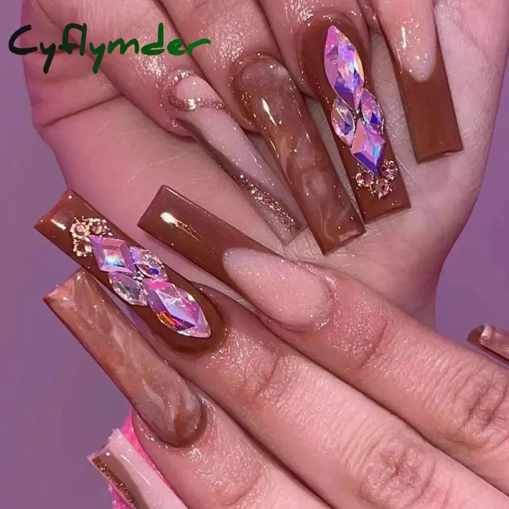 Cyflymder 24Pcs Long Ballet False Nails Full Cover Fake Nails with Rhinestone Brown Wood Grain Design Nail Tips Coffin Press on Nails