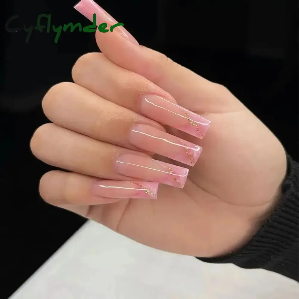 Cyflymder 24Pcs Long Ballet False Nails Full Cover Fake Nails with Rhinestone Brown Wood Grain Design Nail Tips Coffin Press on Nails