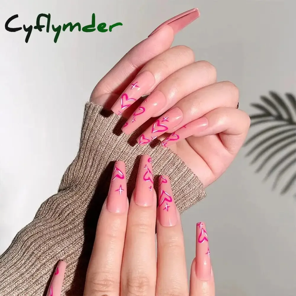 Cyflymder 24Pcs Long Ballet False Nails Full Cover Fake Nails with Rhinestone Brown Wood Grain Design Nail Tips Coffin Press on Nails