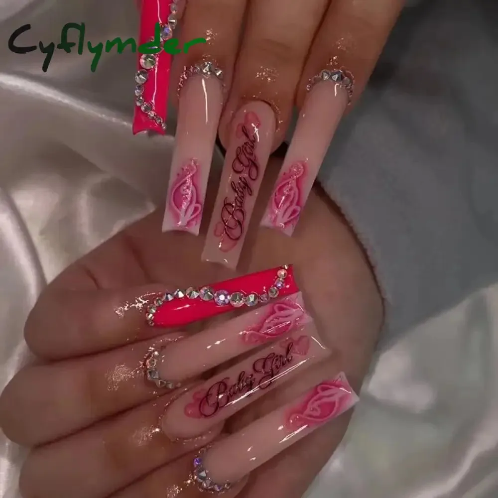 Cyflymder 24Pcs Long Ballet False Nails Full Cover Fake Nails with Rhinestone Brown Wood Grain Design Nail Tips Coffin Press on Nails