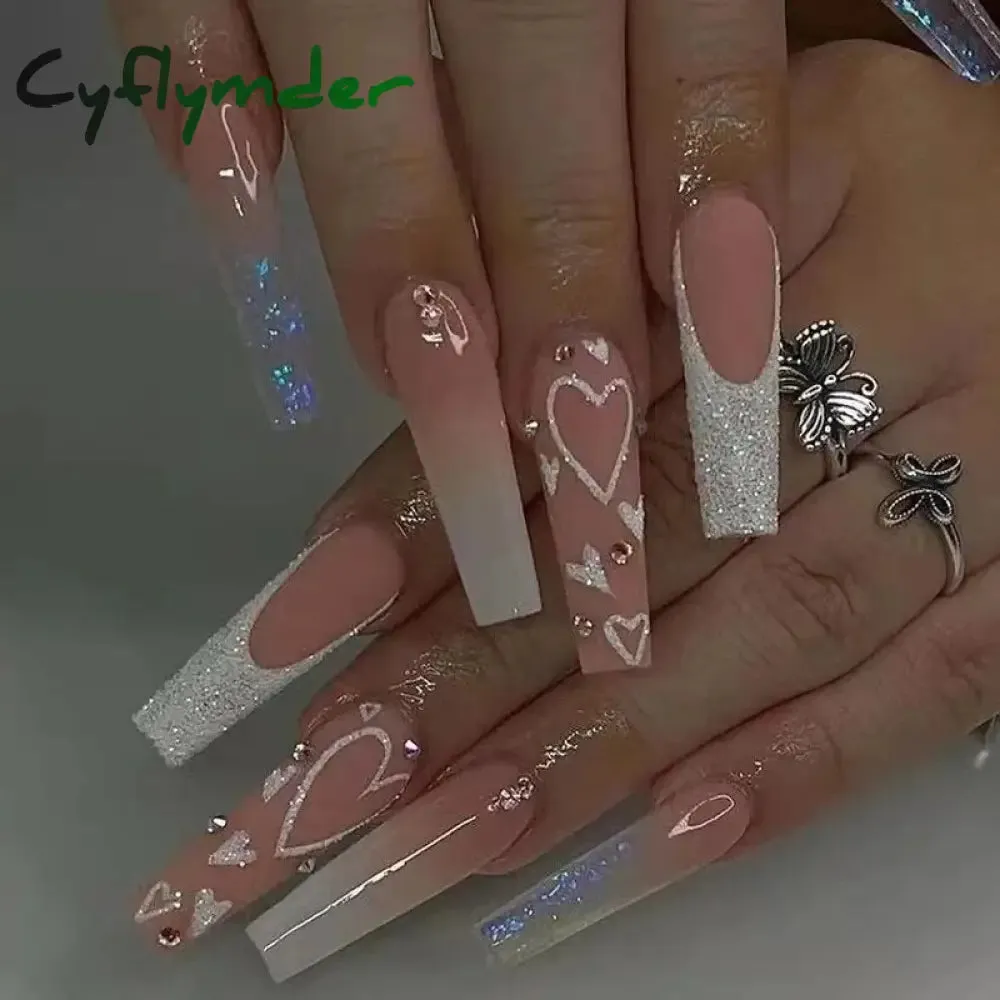 Cyflymder 24Pcs Long Ballet False Nails Full Cover Fake Nails with Rhinestone Brown Wood Grain Design Nail Tips Coffin Press on Nails