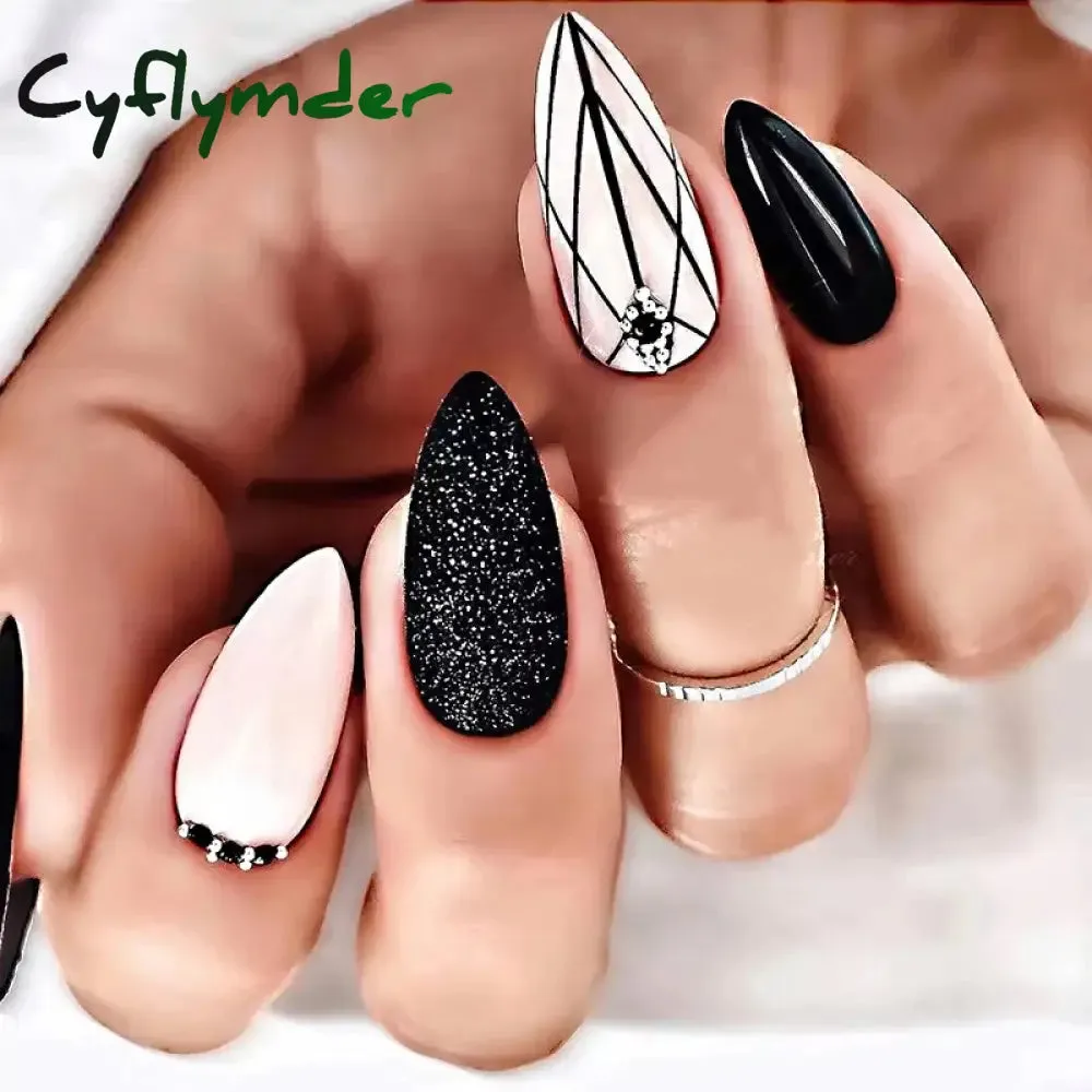 Cyflymder 24Pcs Long Stiletto Fake Nail Pink Marble Design Wearable French Almond False Nails Full Cover Press on Nails DIY Stick on Nails