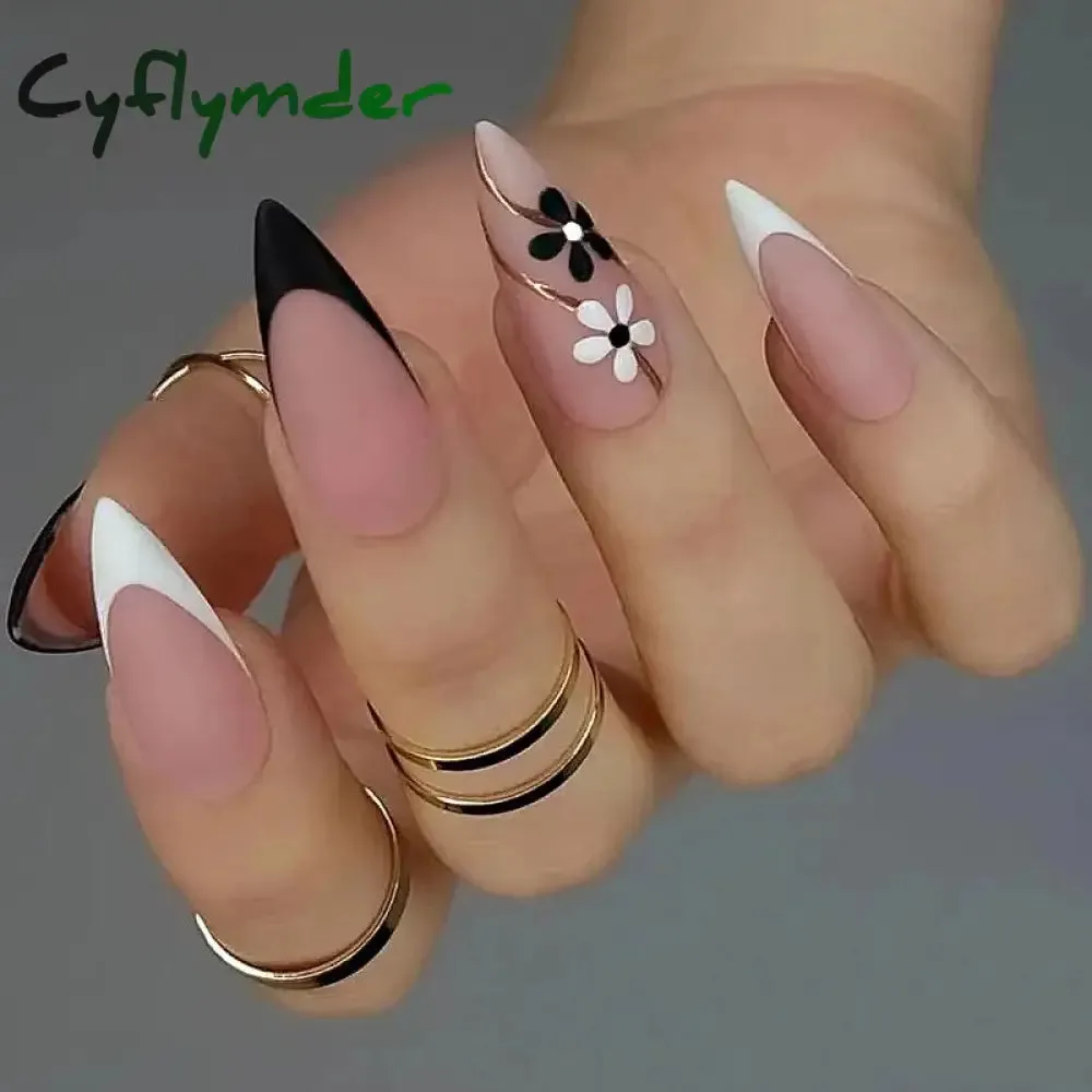 Cyflymder 24Pcs Long Stiletto Fake Nail Pink Marble Design Wearable French Almond False Nails Full Cover Press on Nails DIY Stick on Nails
