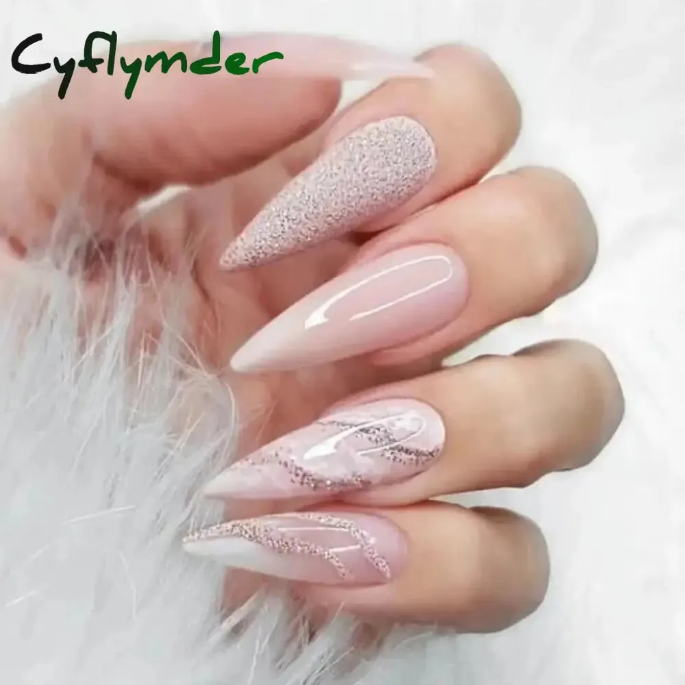 Cyflymder 24Pcs Long Stiletto Fake Nail Pink Marble Design Wearable French Almond False Nails Full Cover Press on Nails DIY Stick on Nails