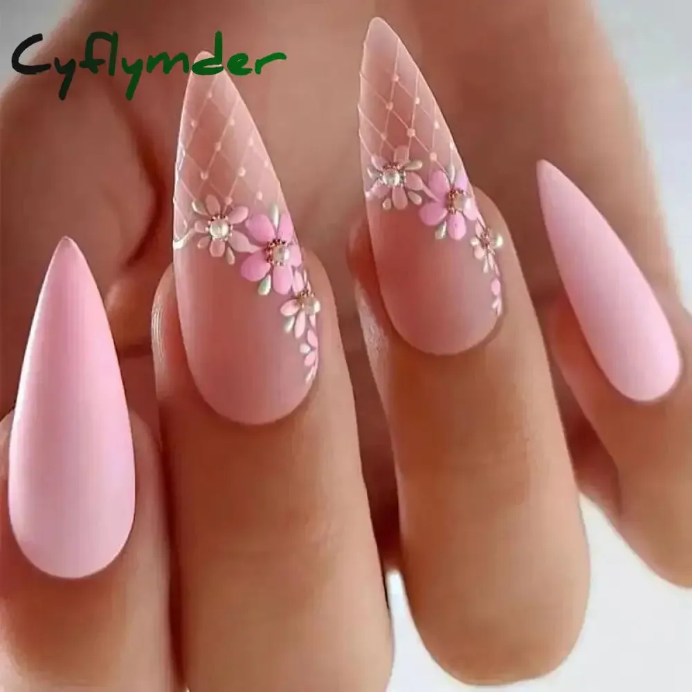 Cyflymder 24Pcs Long Stiletto Fake Nail Pink Marble Design Wearable French Almond False Nails Full Cover Press on Nails DIY Stick on Nails