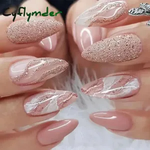 Cyflymder 24Pcs Long Stiletto Fake Nail Pink Marble Design Wearable French Almond False Nails Full Cover Press on Nails DIY Stick on Nails
