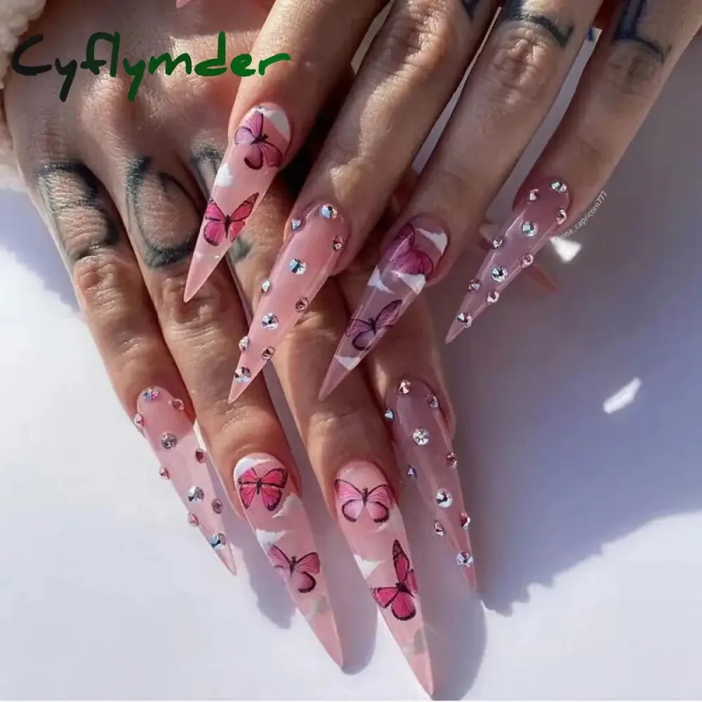 Cyflymder 24Pcs Long Stiletto Fake Nail Pink Marble Design Wearable French Almond False Nails Full Cover Press on Nails DIY Stick on Nails