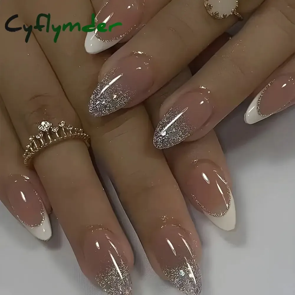 Cyflymder 24Pcs Mid-length Almond Ballet False Nails Simple Cat Eye Design Press on Fake Nail Wearable Full Cover Nail Tips Manicure Tools