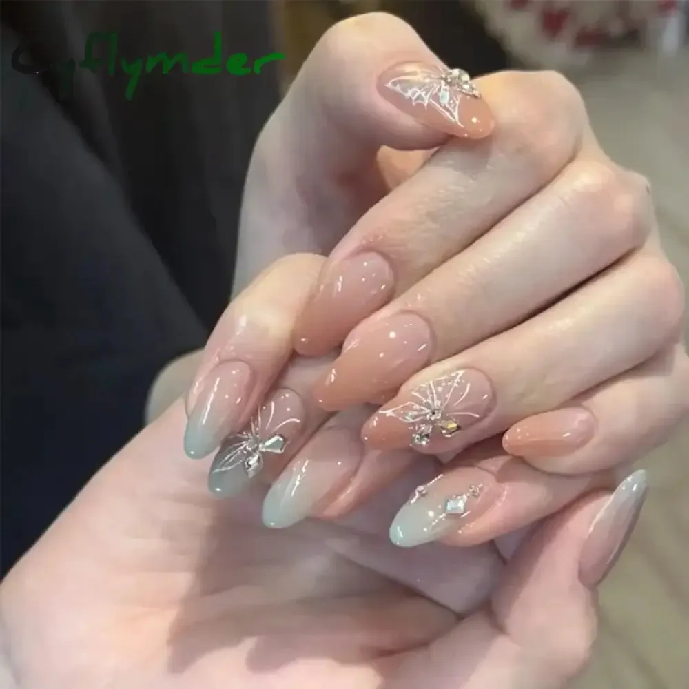 Cyflymder 24Pcs Mid-length Almond Ballet False Nails Simple Cat Eye Design Press on Fake Nail Wearable Full Cover Nail Tips Manicure Tools