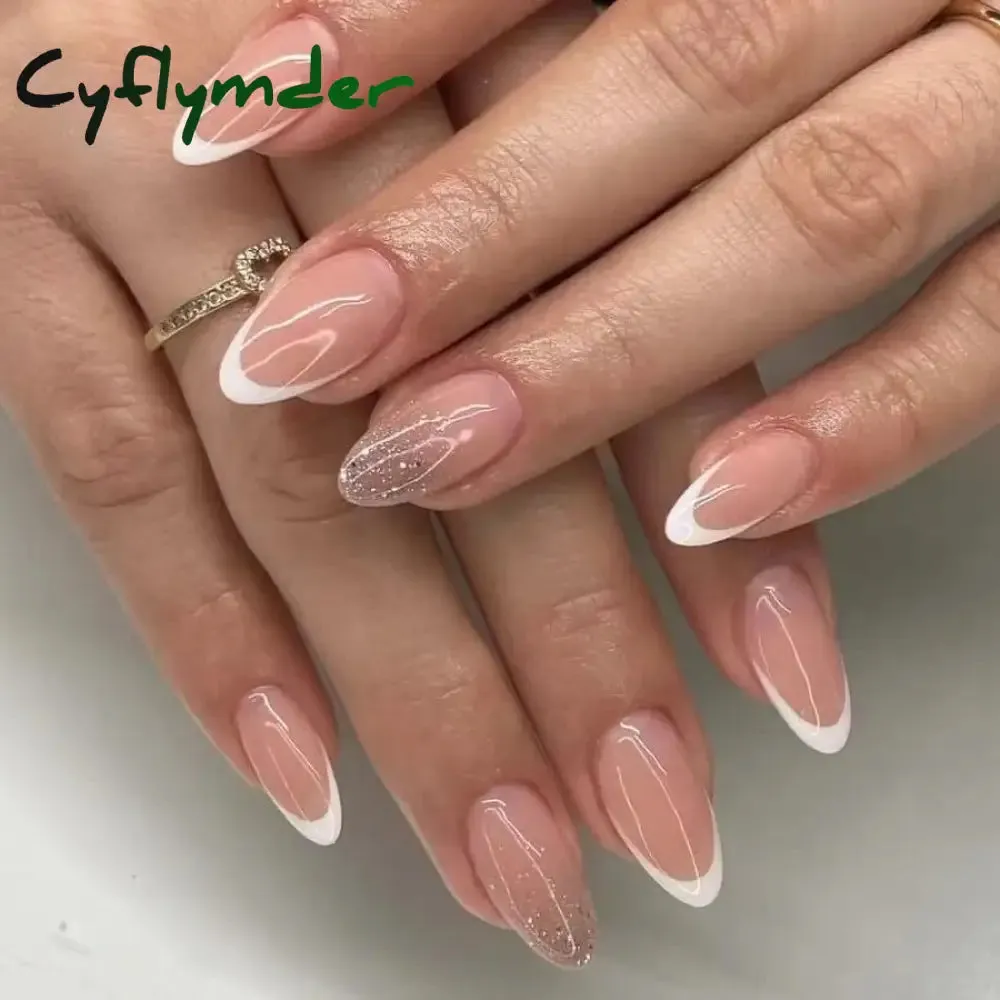 Cyflymder 24Pcs Mid-length Almond Ballet False Nails Simple Cat Eye Design Press on Fake Nail Wearable Full Cover Nail Tips Manicure Tools