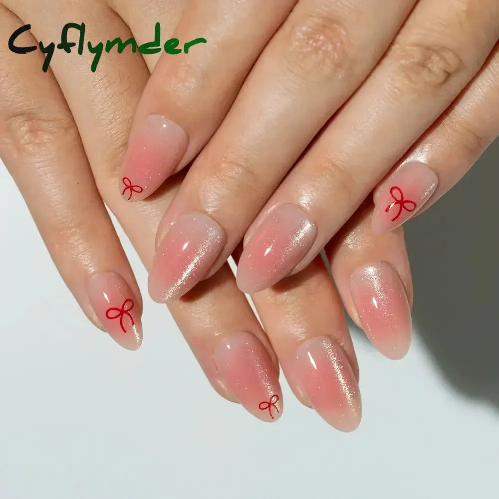 Cyflymder 24Pcs Mid-length Almond Ballet False Nails Simple Cat Eye Design Press on Fake Nail Wearable Full Cover Nail Tips Manicure Tools
